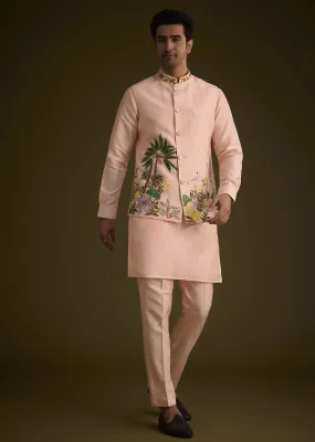 Baby Pink Silk Jacket Set With Nature Themed Patch Work