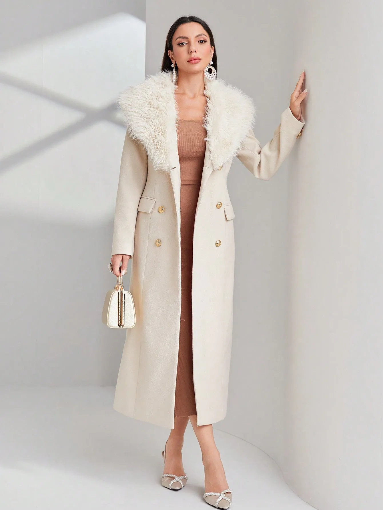Borg Collar Double Breasted Overcoat