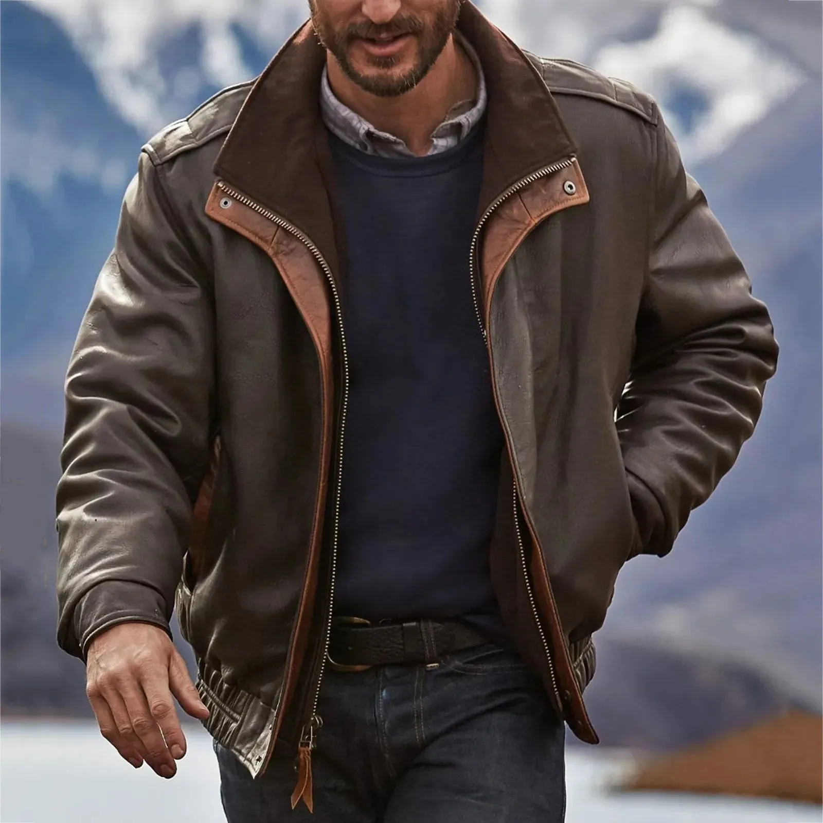 Brown Men's Pu Leather Coats Zipper Button Bomber Jacket Streetwear Motorcycle Windproof Loose Punk Stand Collar Winter Outwear