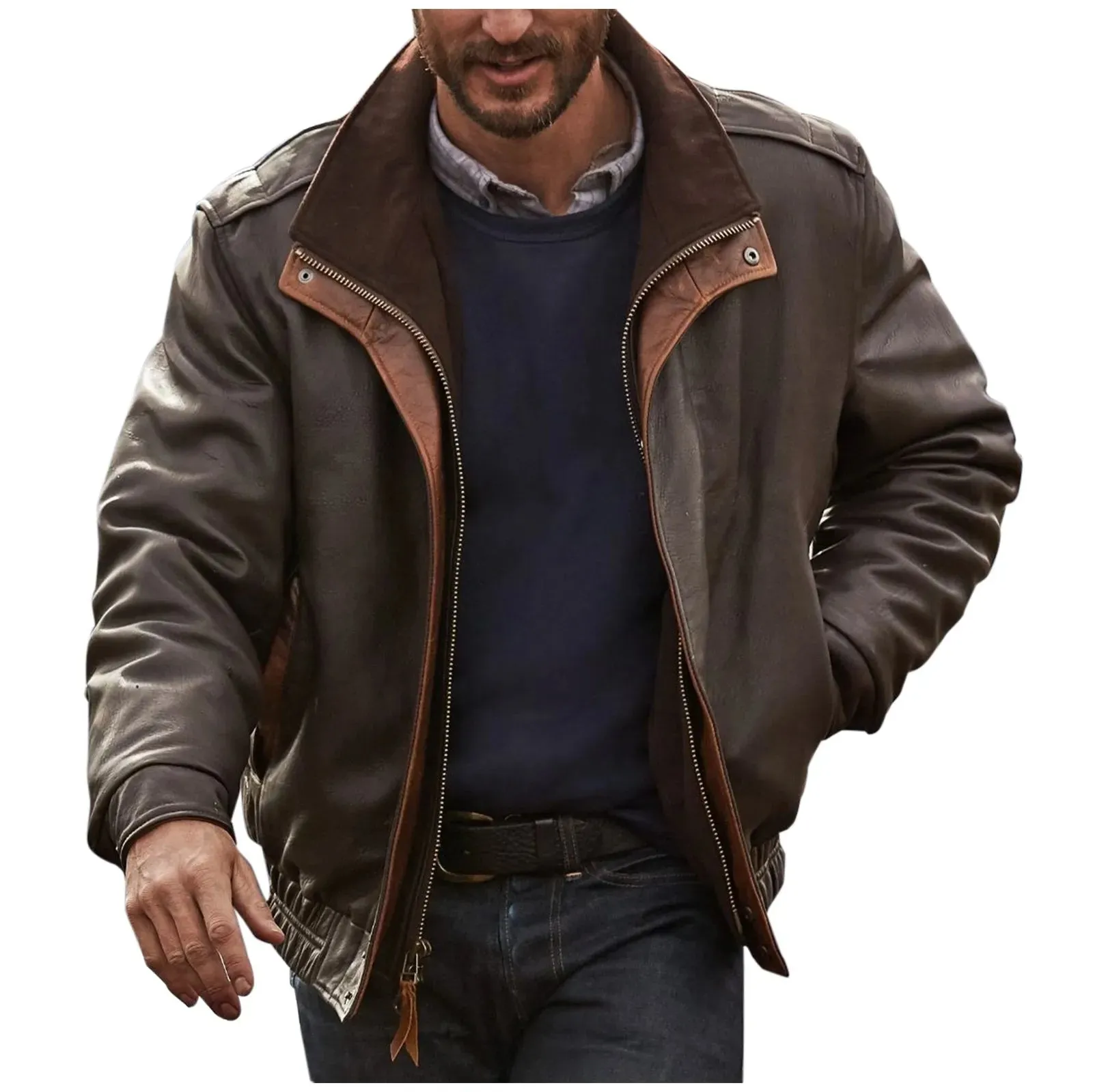 Brown Men's Pu Leather Coats Zipper Button Bomber Jacket Streetwear Motorcycle Windproof Loose Punk Stand Collar Winter Outwear