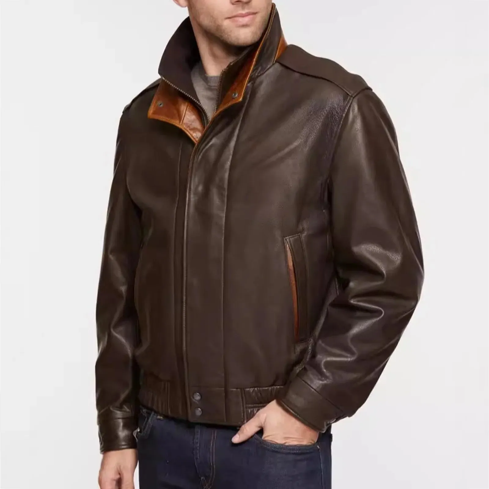 Brown Men's Pu Leather Coats Zipper Button Bomber Jacket Streetwear Motorcycle Windproof Loose Punk Stand Collar Winter Outwear