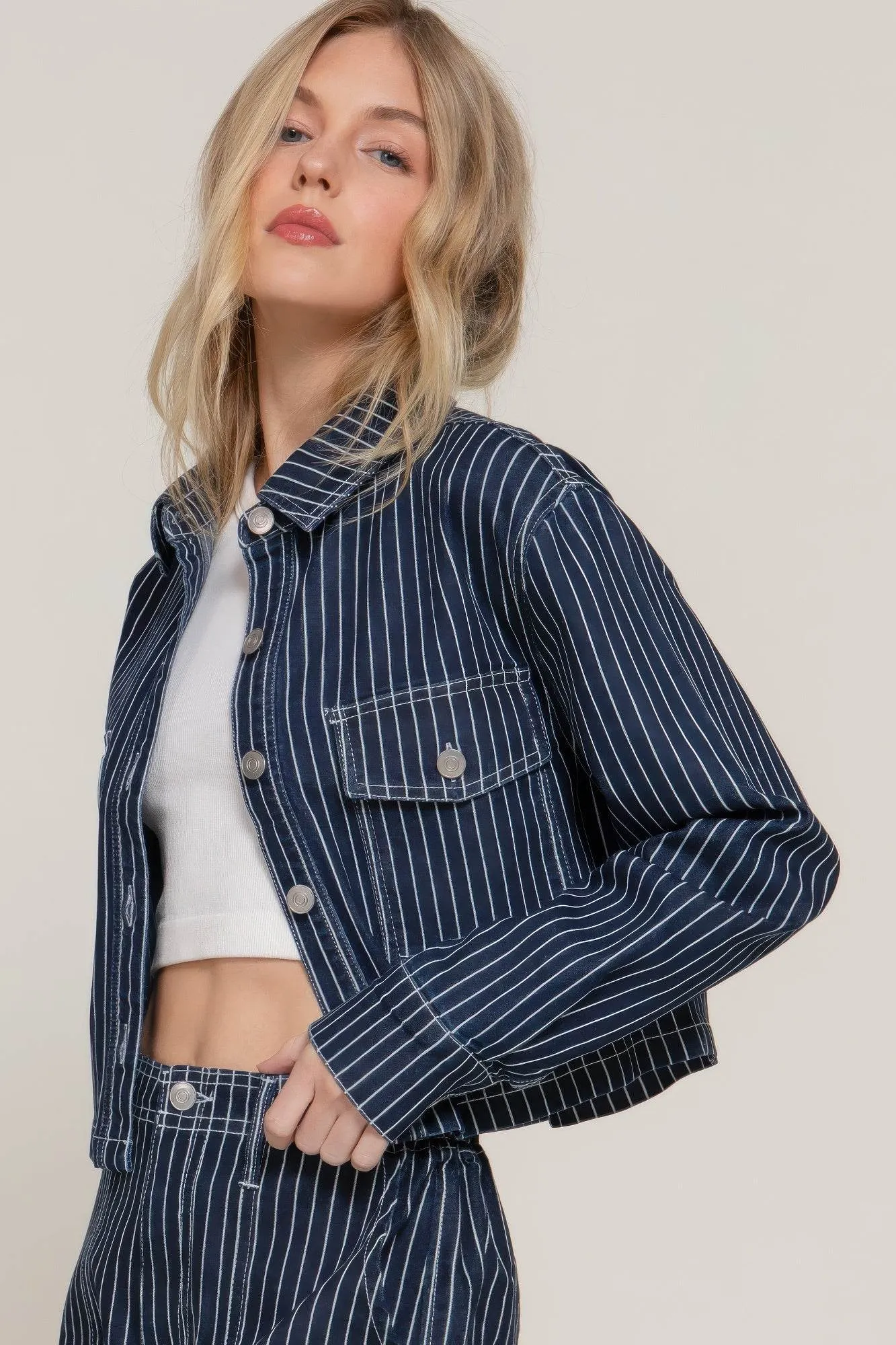 Button Down Stripe Denim Short Jacket