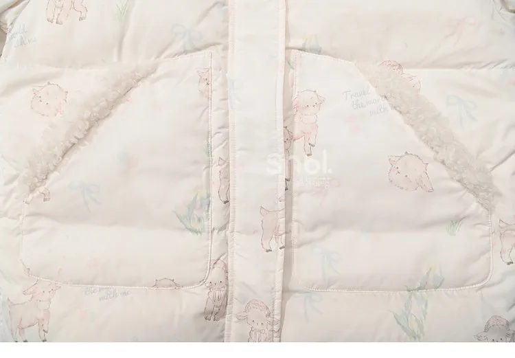 Cute Lamb Print White Hooded Down Jacket Short/Long Version