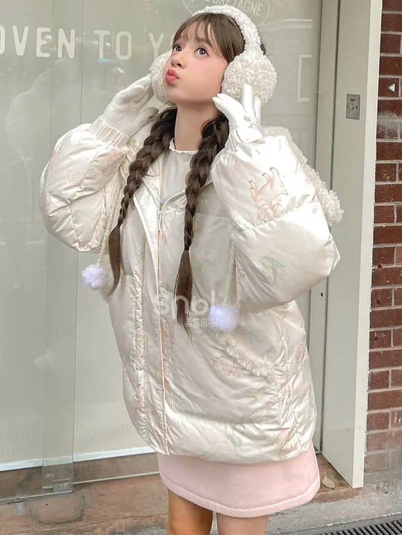 Cute Lamb Print White Hooded Down Jacket Short/Long Version