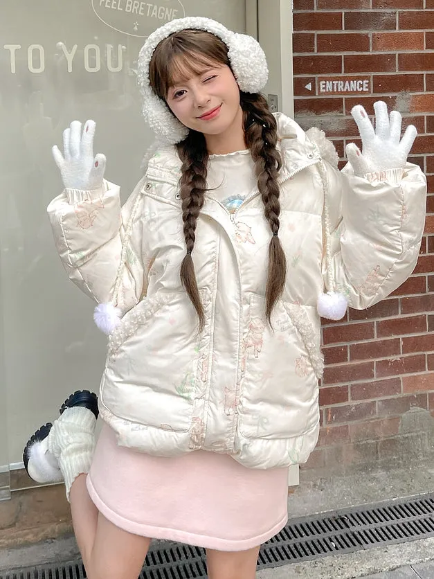 Cute Lamb Print White Hooded Down Jacket Short/Long Version