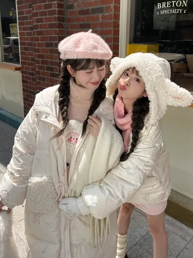Cute Lamb Print White Hooded Down Jacket Short/Long Version