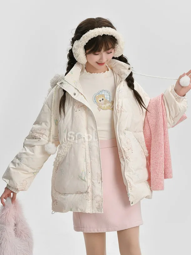 Cute Lamb Print White Hooded Down Jacket Short/Long Version