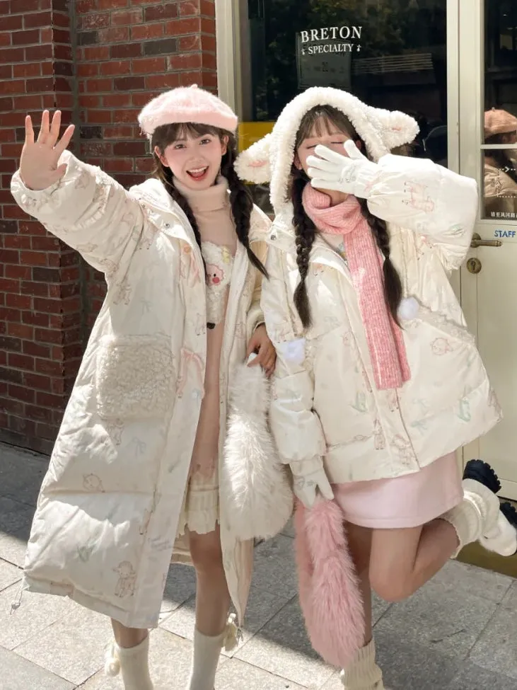 Cute Lamb Print White Hooded Down Jacket Short/Long Version