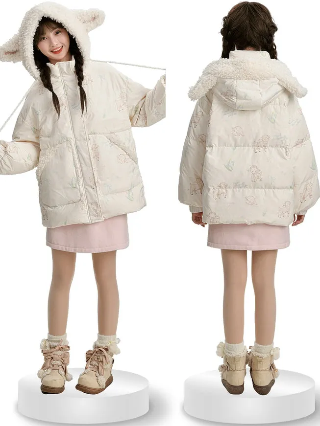 Cute Lamb Print White Hooded Down Jacket Short/Long Version