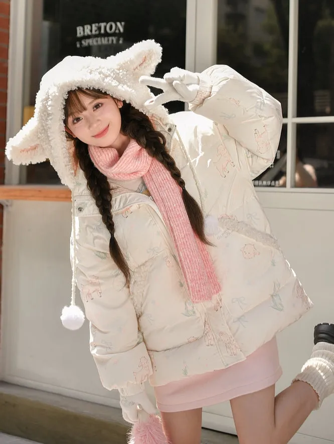 Cute Lamb Print White Hooded Down Jacket Short/Long Version