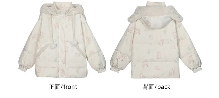Cute Lamb Print White Hooded Down Jacket Short/Long Version