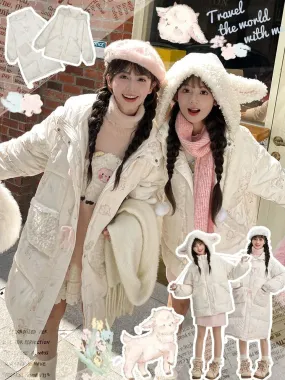 Cute Lamb Print White Hooded Down Jacket Short/Long Version