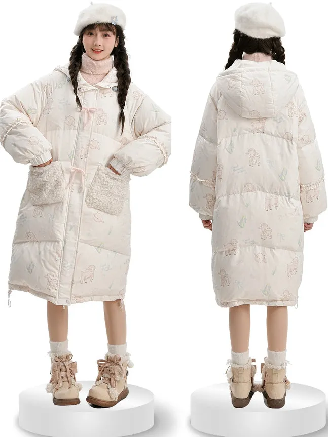 Cute Lamb Print White Hooded Down Jacket Short/Long Version