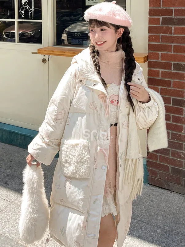 Cute Lamb Print White Hooded Down Jacket Short/Long Version