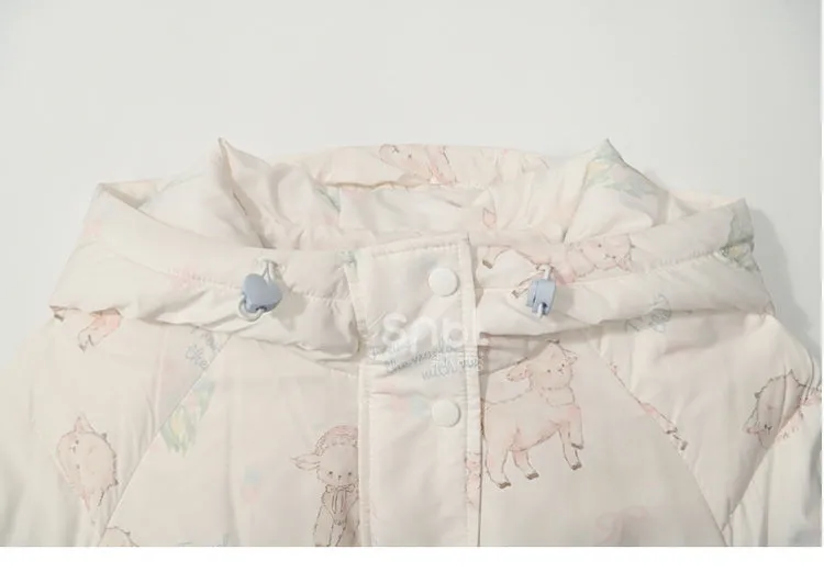 Cute Lamb Print White Hooded Down Jacket Short/Long Version