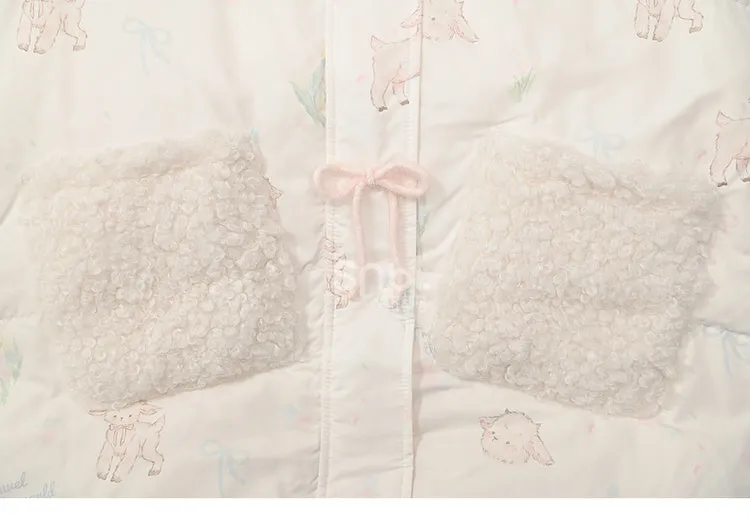 Cute Lamb Print White Hooded Down Jacket Short/Long Version