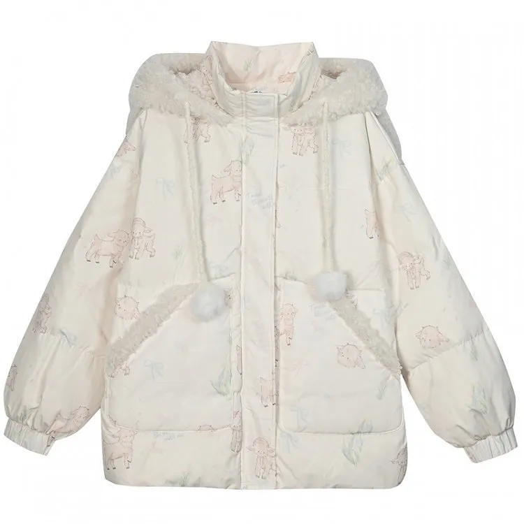 Cute Lamb Print White Hooded Down Jacket Short/Long Version