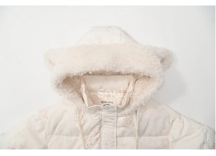 Cute Lamb Print White Hooded Down Jacket Short/Long Version