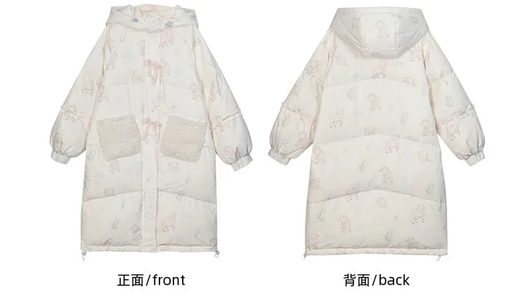 Cute Lamb Print White Hooded Down Jacket Short/Long Version
