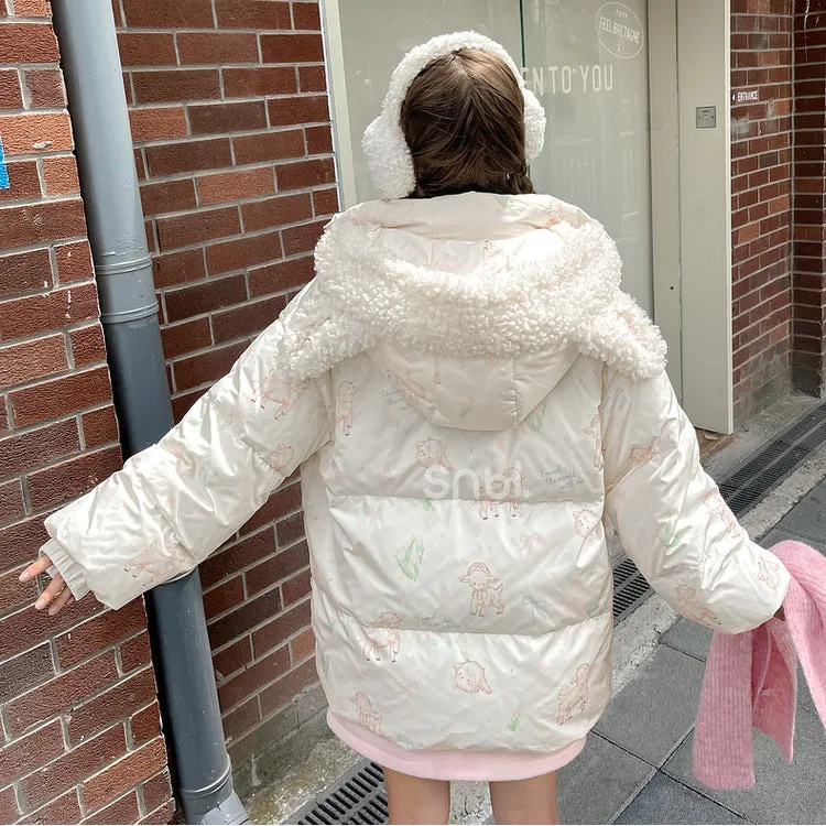 Cute Lamb Print White Hooded Down Jacket Short/Long Version