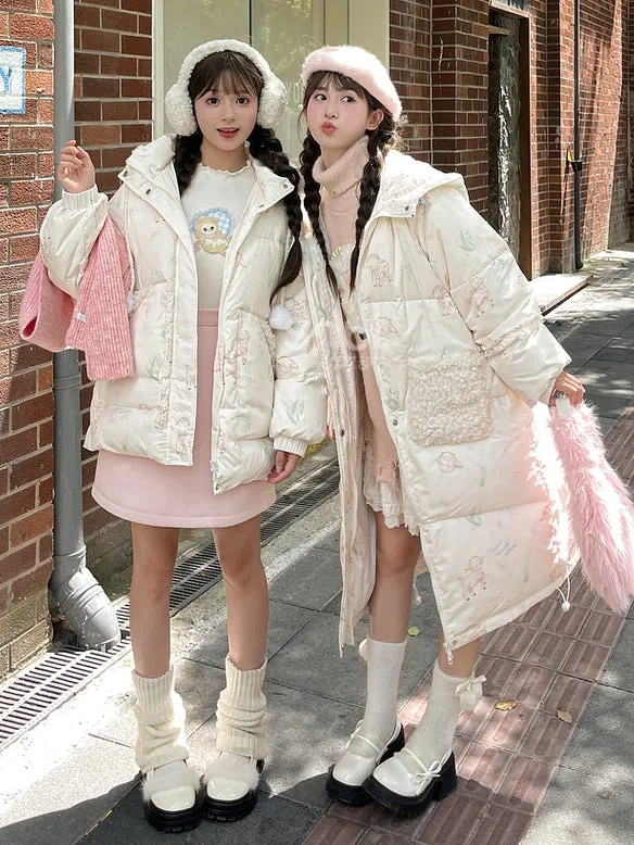 Cute Lamb Print White Hooded Down Jacket Short/Long Version