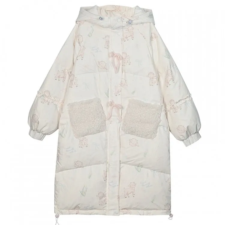 Cute Lamb Print White Hooded Down Jacket Short/Long Version