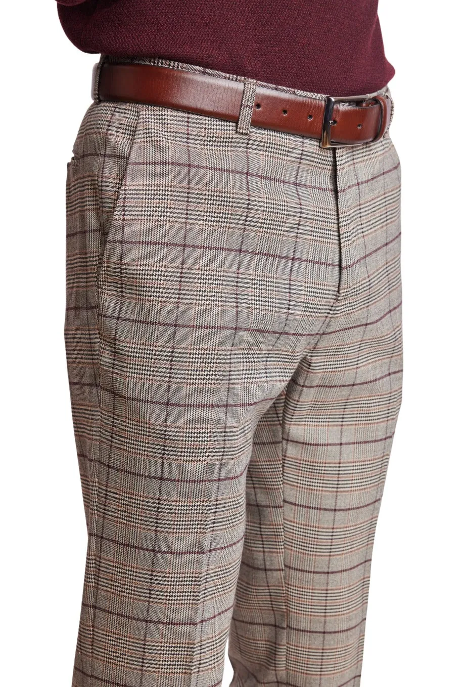Downing Pants - slim - Tan Burgundy Plaid