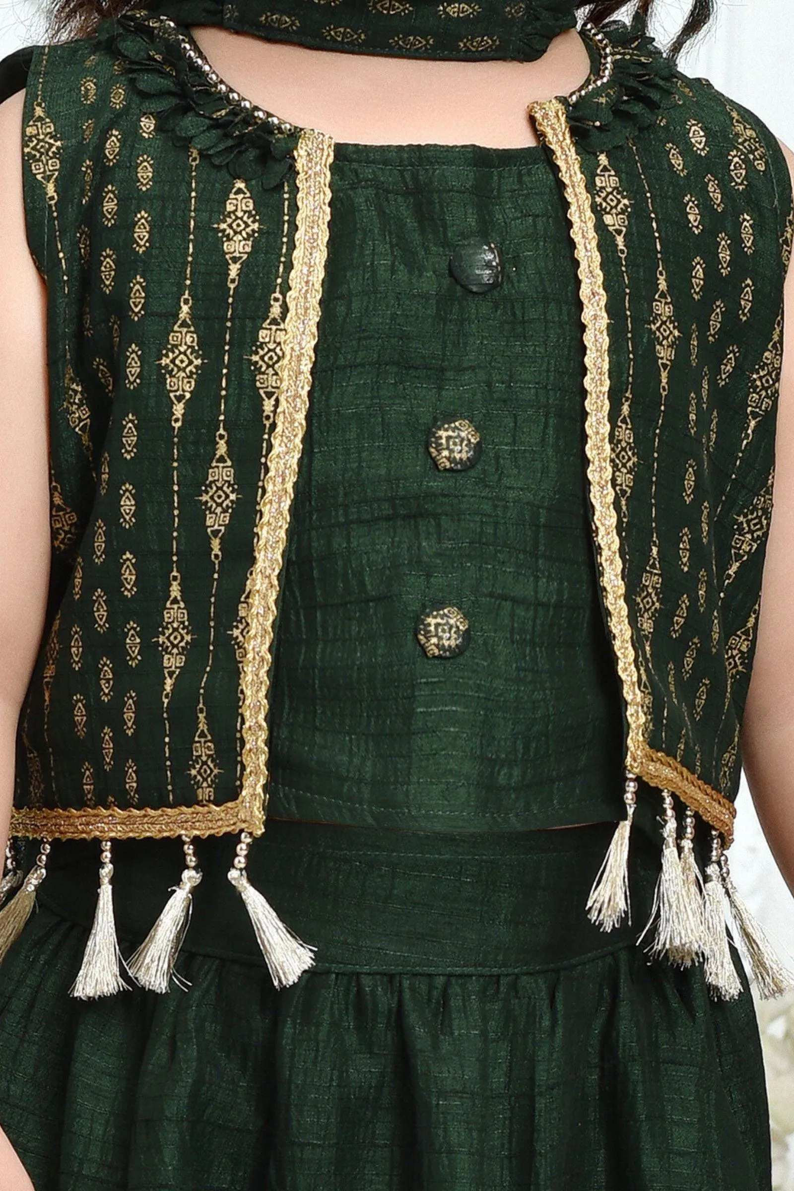 Green Printed and Lace work Overcoat with Dhoti Styled Choli for Girls