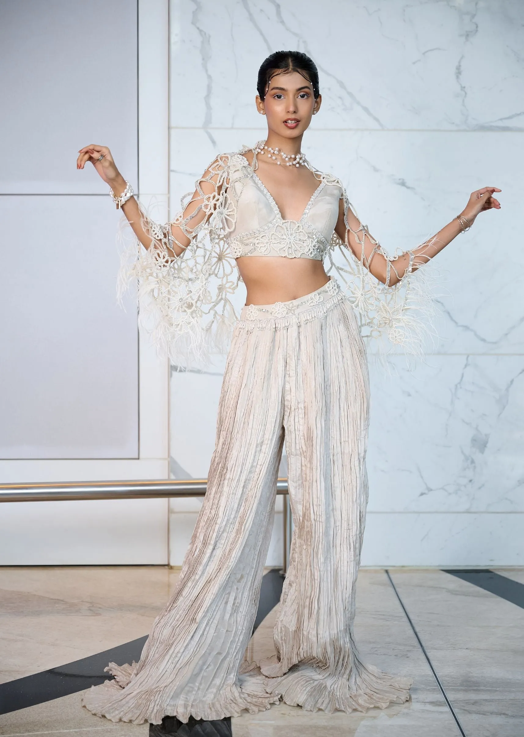 Ivory Patchwork Blouse With Cutwork Jacket And Ruched Palazzo