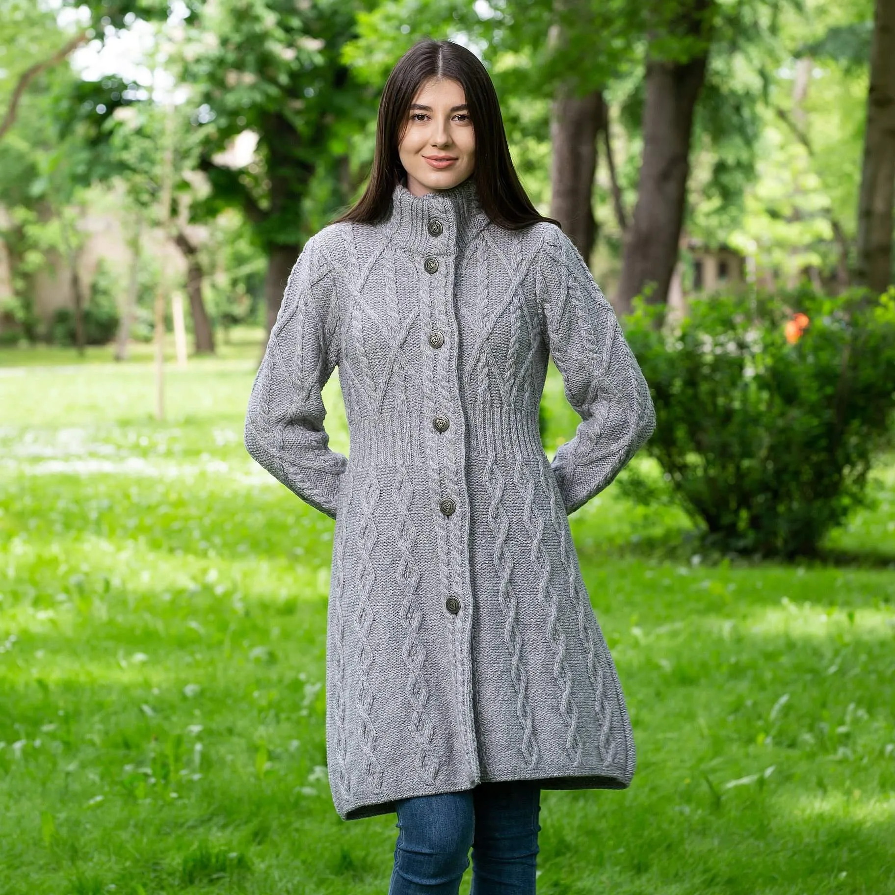 Long Ladies Irish Wool Aran Jacket