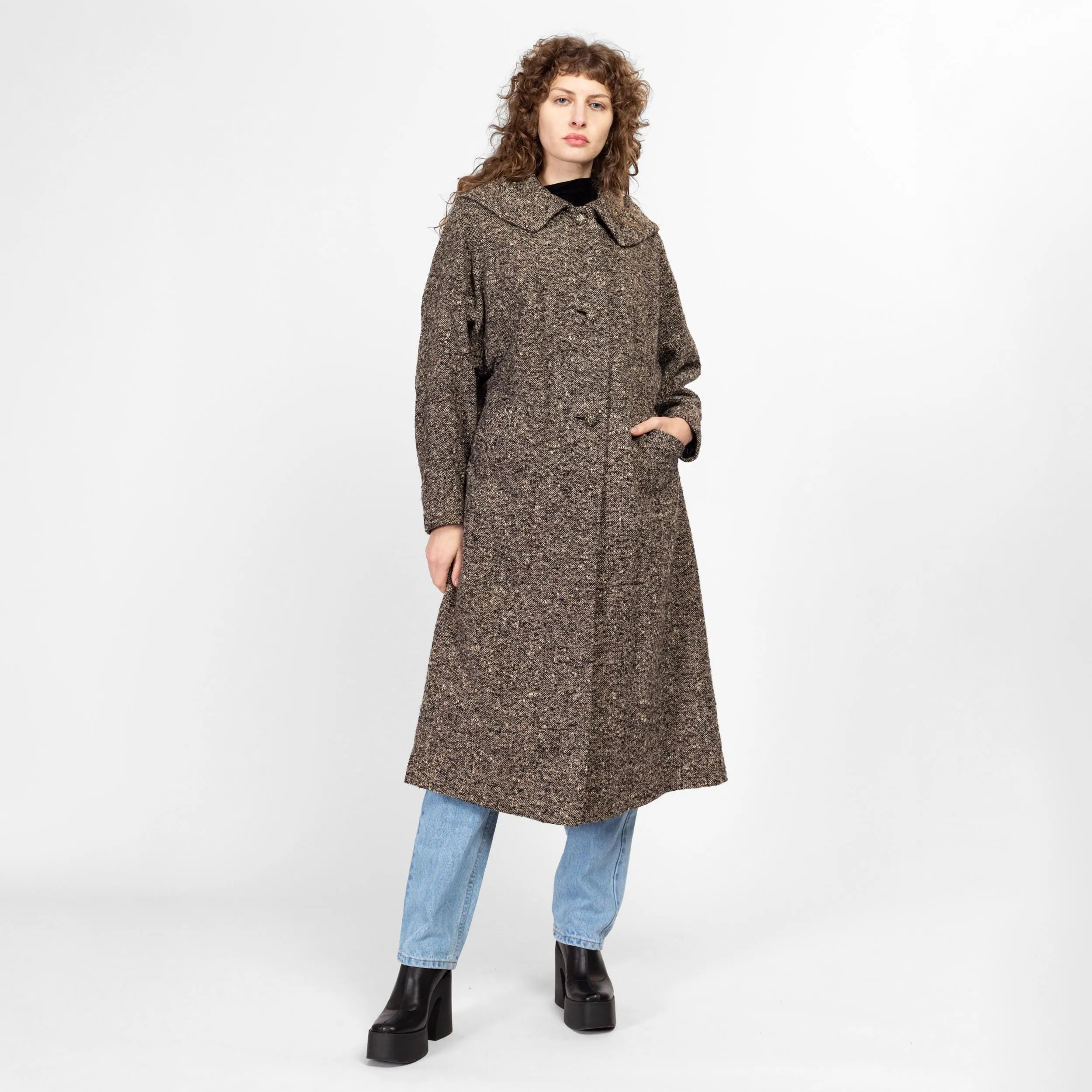 Medium 1950s Grey Speckled Tweed Collared Overcoat