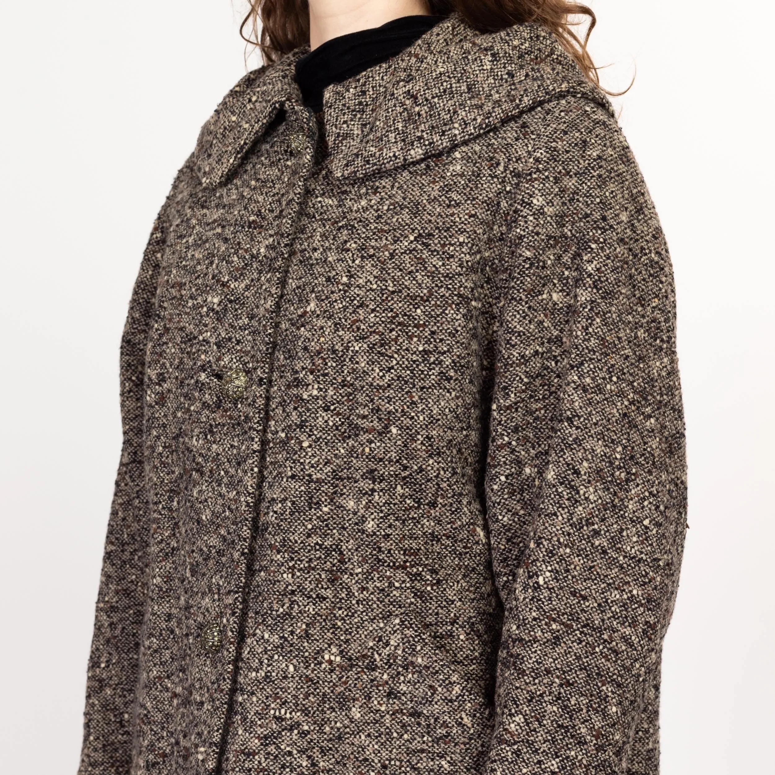 Medium 1950s Grey Speckled Tweed Collared Overcoat