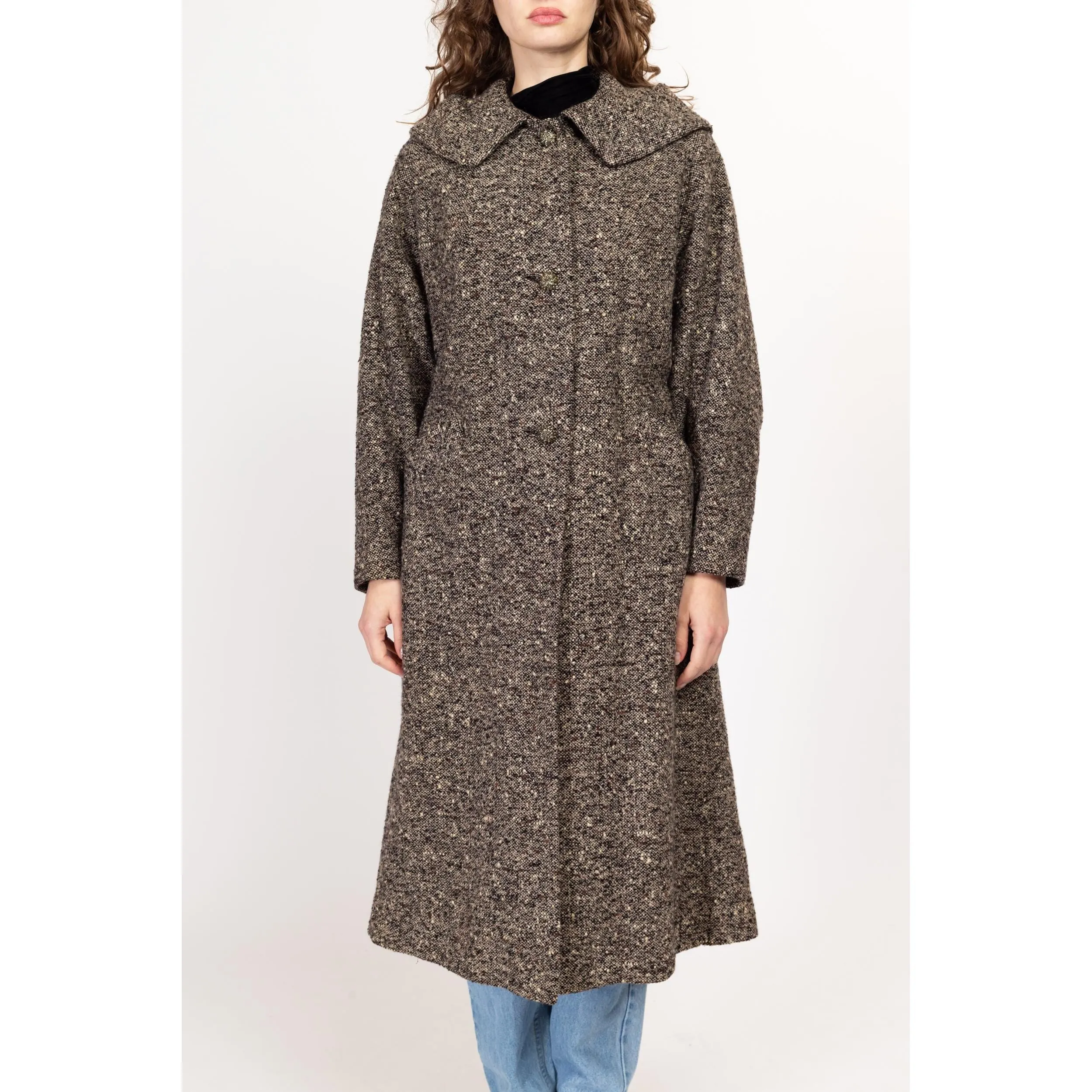 Medium 1950s Grey Speckled Tweed Collared Overcoat