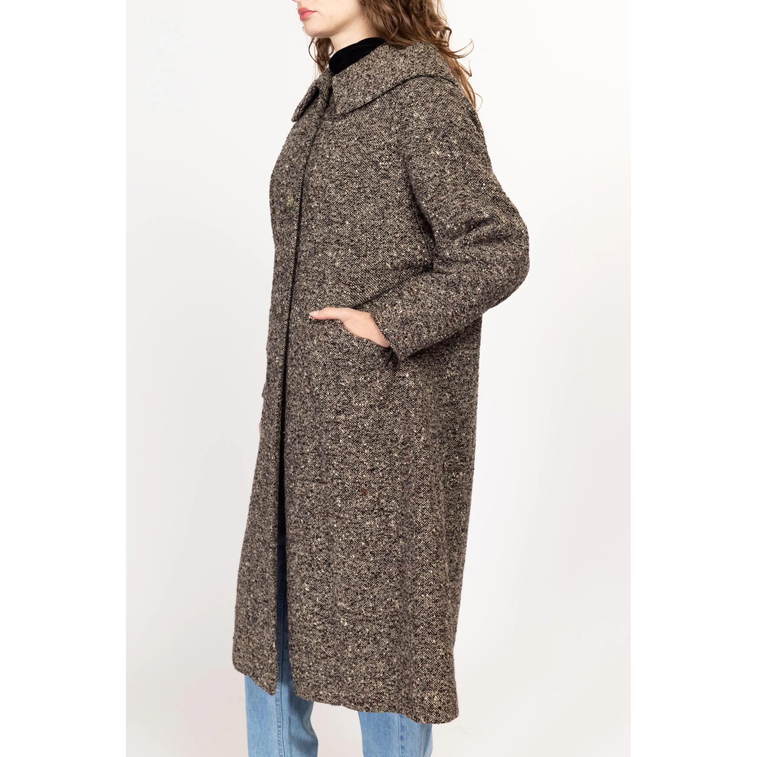 Medium 1950s Grey Speckled Tweed Collared Overcoat