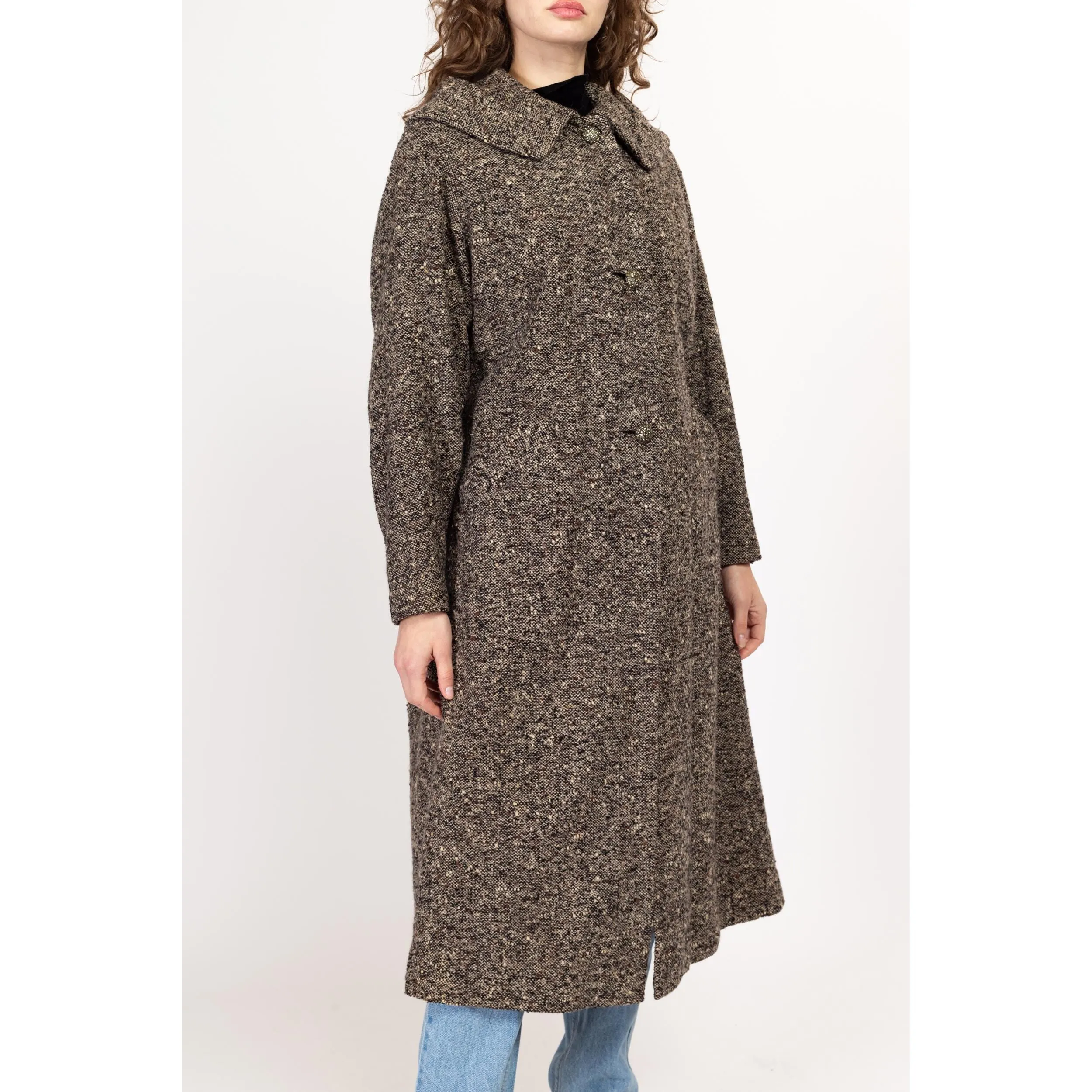 Medium 1950s Grey Speckled Tweed Collared Overcoat