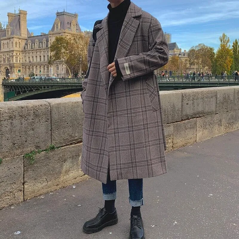 Men Fashion Plaid Woolen Winter Jacket Coats Male Streetwear Wool Long Coat with Belt Mens Oversized Overcoat