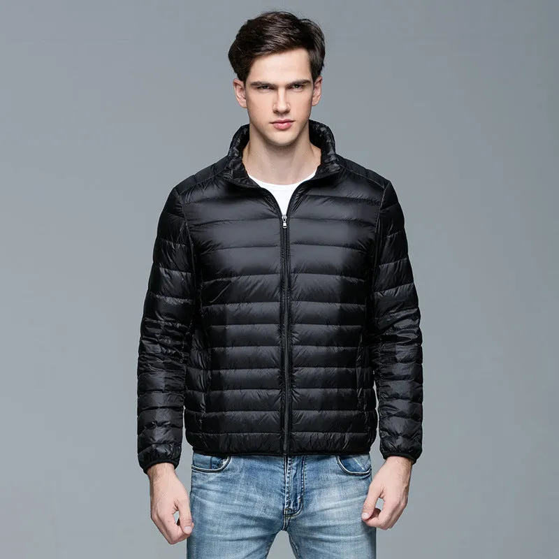 Men's Lightweight Down Jacket Stand Collar Short Slim Fit Warm Jacket