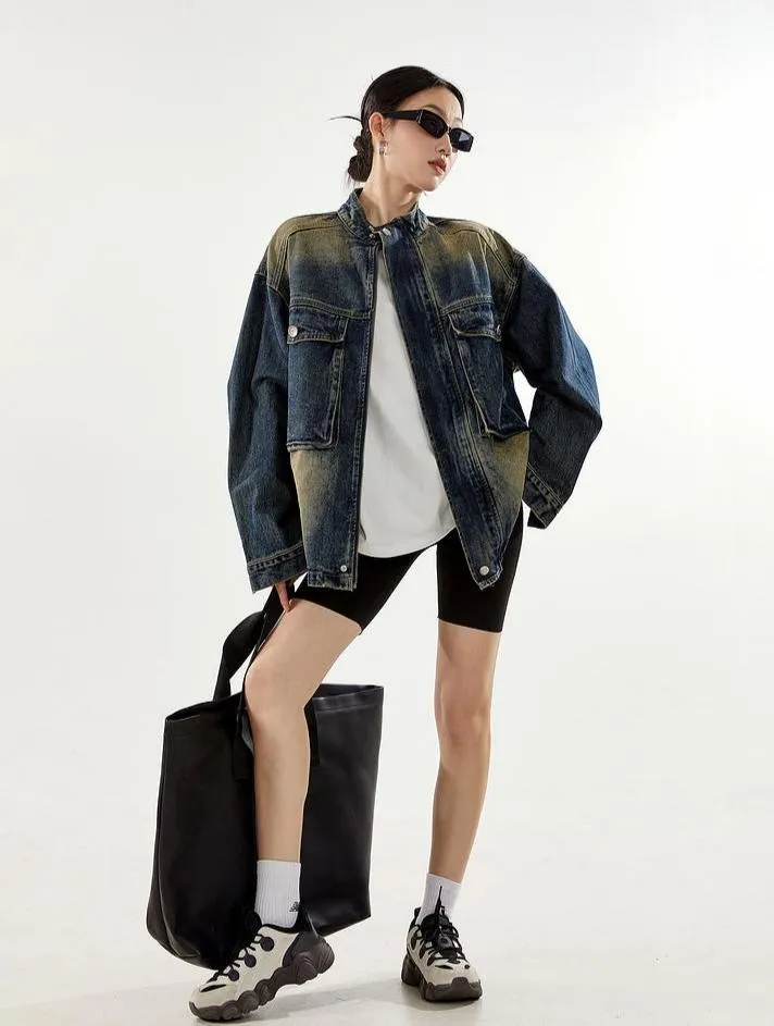 Oversized Sandblast Denim Trucker Jacket with Pockets