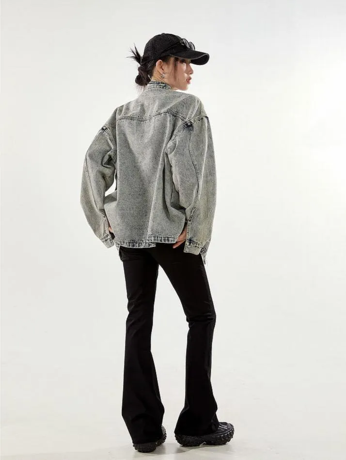 Oversized Sandblast Denim Trucker Jacket with Pockets
