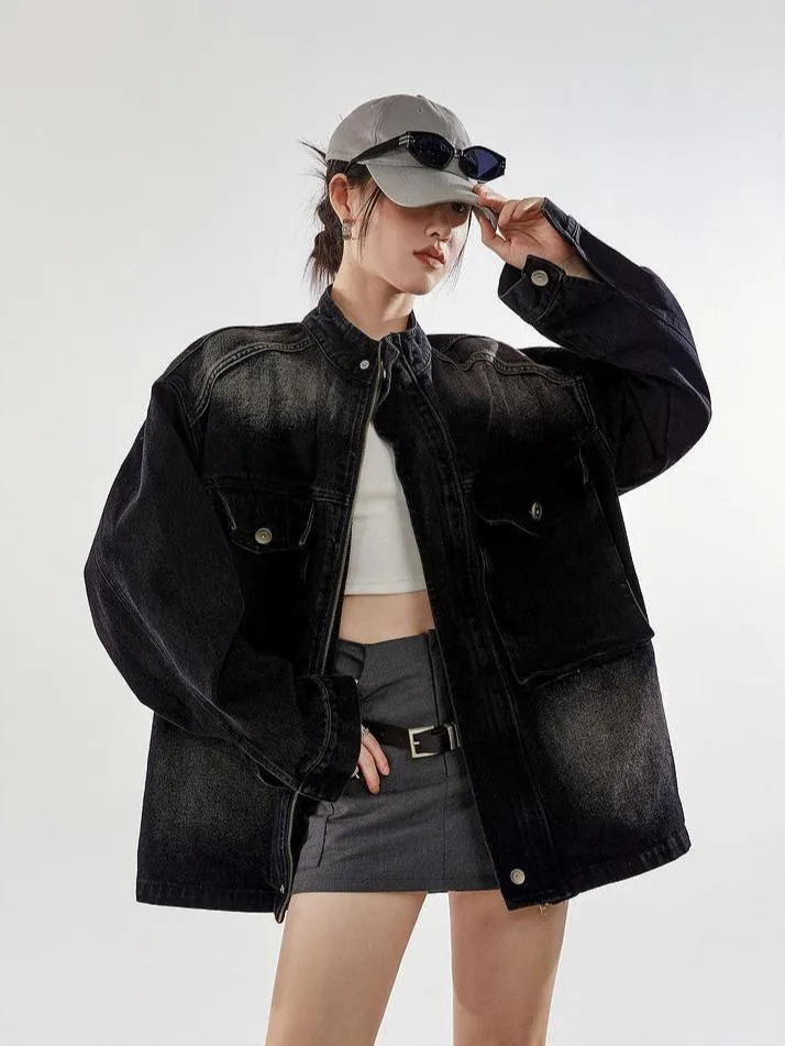 Oversized Sandblast Denim Trucker Jacket with Pockets