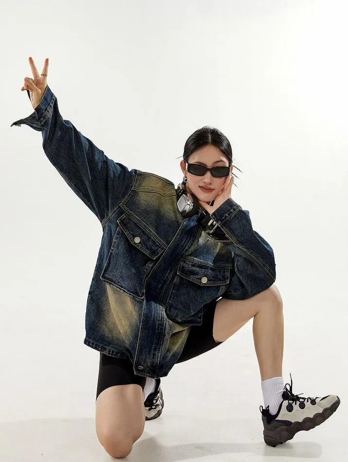 Oversized Sandblast Denim Trucker Jacket with Pockets