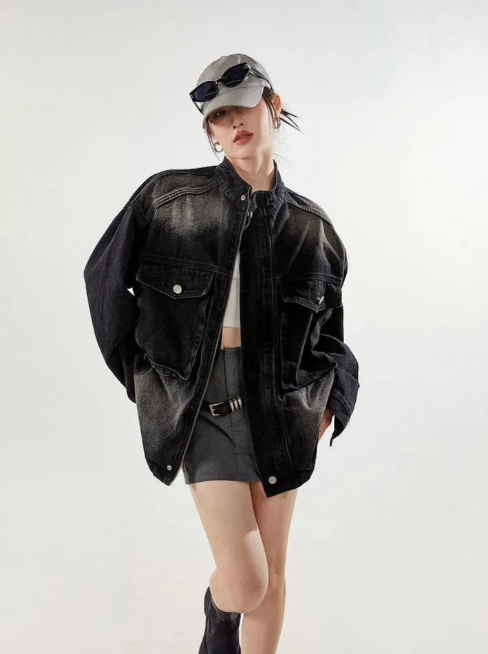Oversized Sandblast Denim Trucker Jacket with Pockets