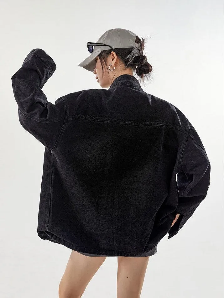 Oversized Sandblast Denim Trucker Jacket with Pockets