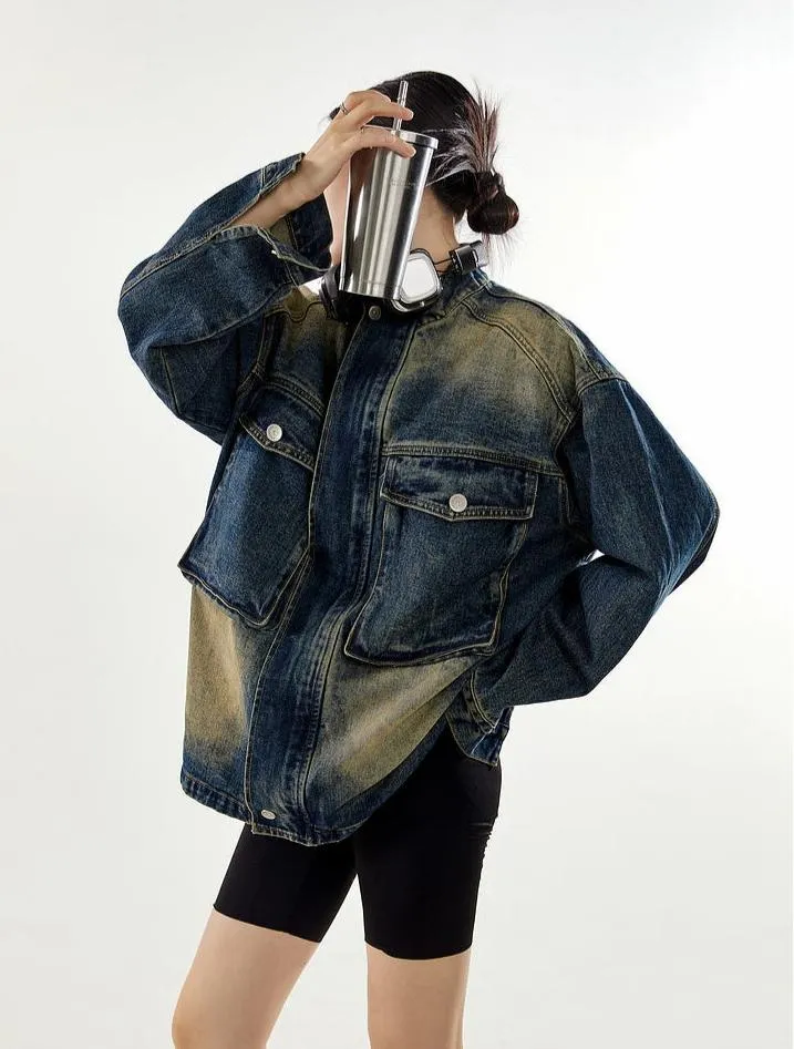 Oversized Sandblast Denim Trucker Jacket with Pockets