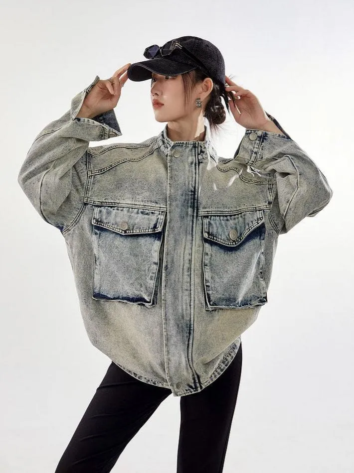 Oversized Sandblast Denim Trucker Jacket with Pockets