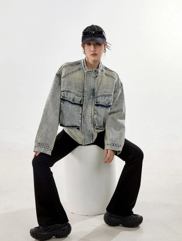 Oversized Sandblast Denim Trucker Jacket with Pockets
