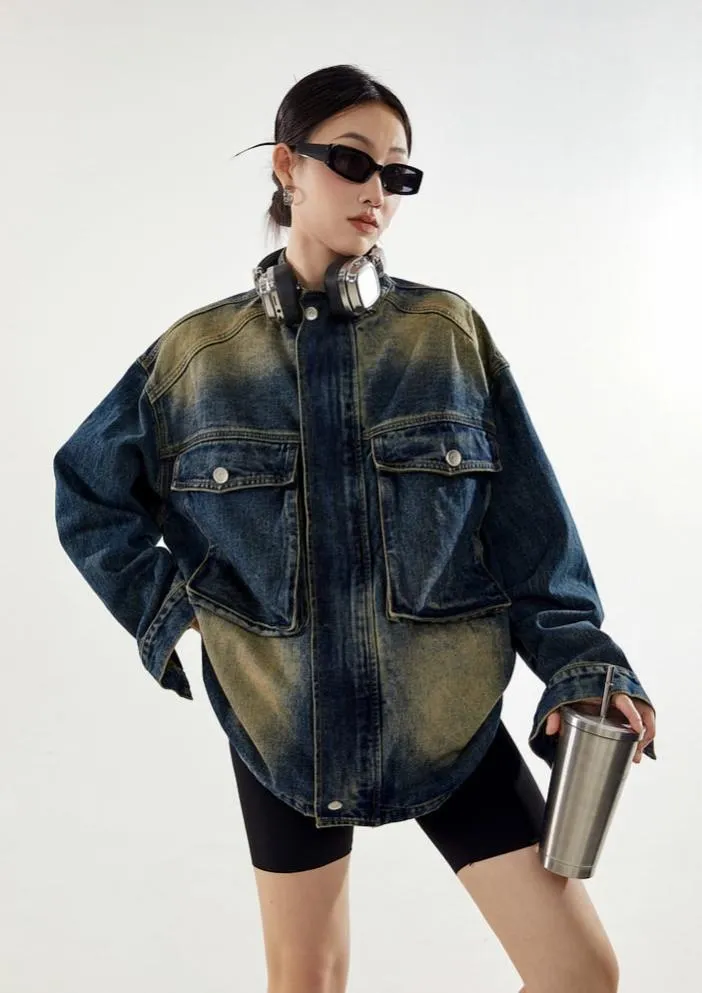 Oversized Sandblast Denim Trucker Jacket with Pockets