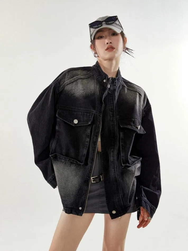 Oversized Sandblast Denim Trucker Jacket with Pockets