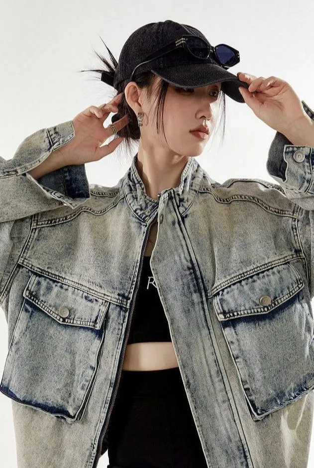 Oversized Sandblast Denim Trucker Jacket with Pockets