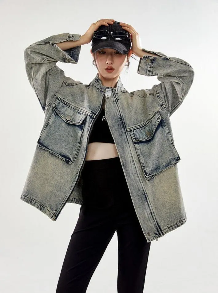 Oversized Sandblast Denim Trucker Jacket with Pockets